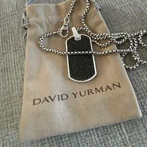 David Yurman 44mm black sapphires dog tag w 22” chain comes w authenticity